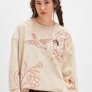 Free People Denim and Bone Swan Doodle Embroidered Tee, XL